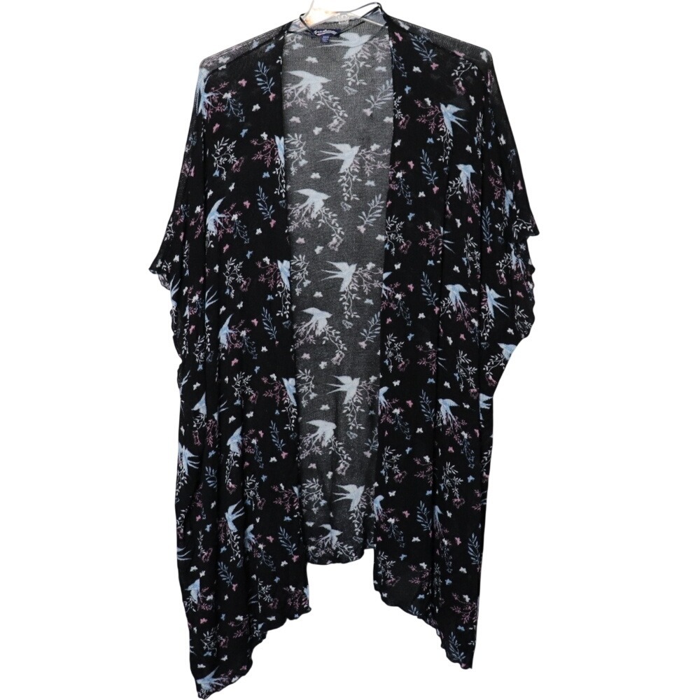Freshman 1996 Bird Floral Print Kimono Cardigan Black Pockets Layering Fits L XL